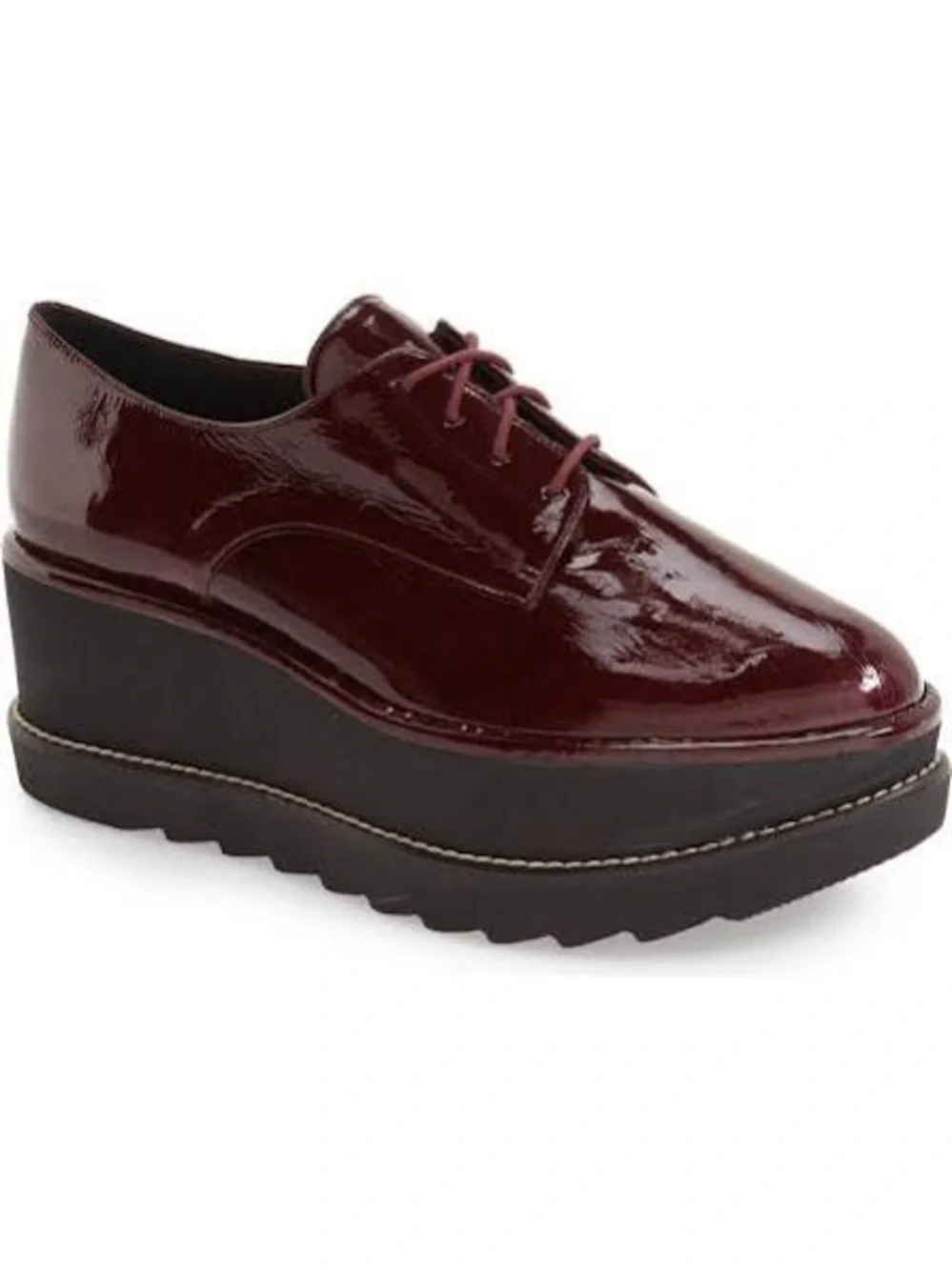 Stuart Weitzmann Pipekent Platform Oxfords in Patent Burgundy / Cordovan Finish